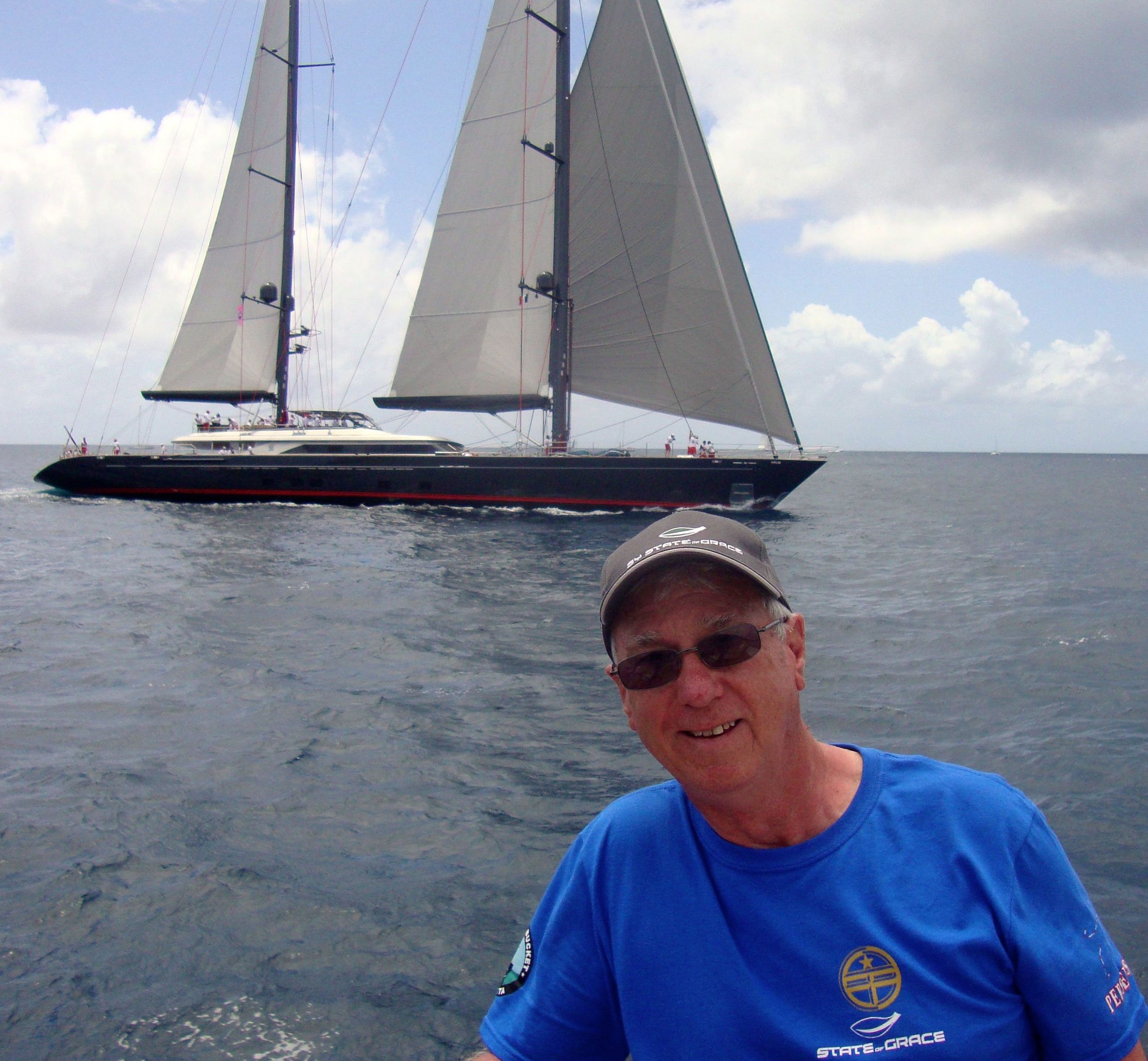 Ron Holland and Sailing Yacht Seahawk in background at st Barths
