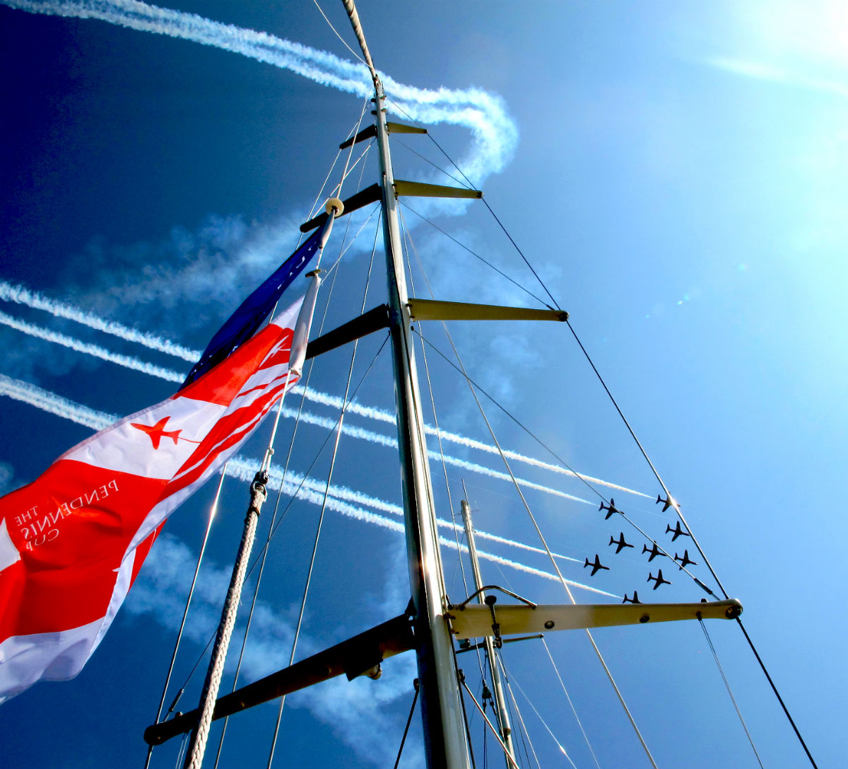 Red Arrows fly through mast of sailing yacht Christopher at Pendennis Cup