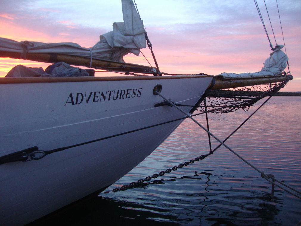 Bow at sunset sailing yacht Adventuress