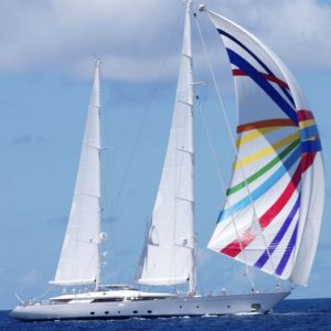 Rosehearty sailing yacht with spinnaker