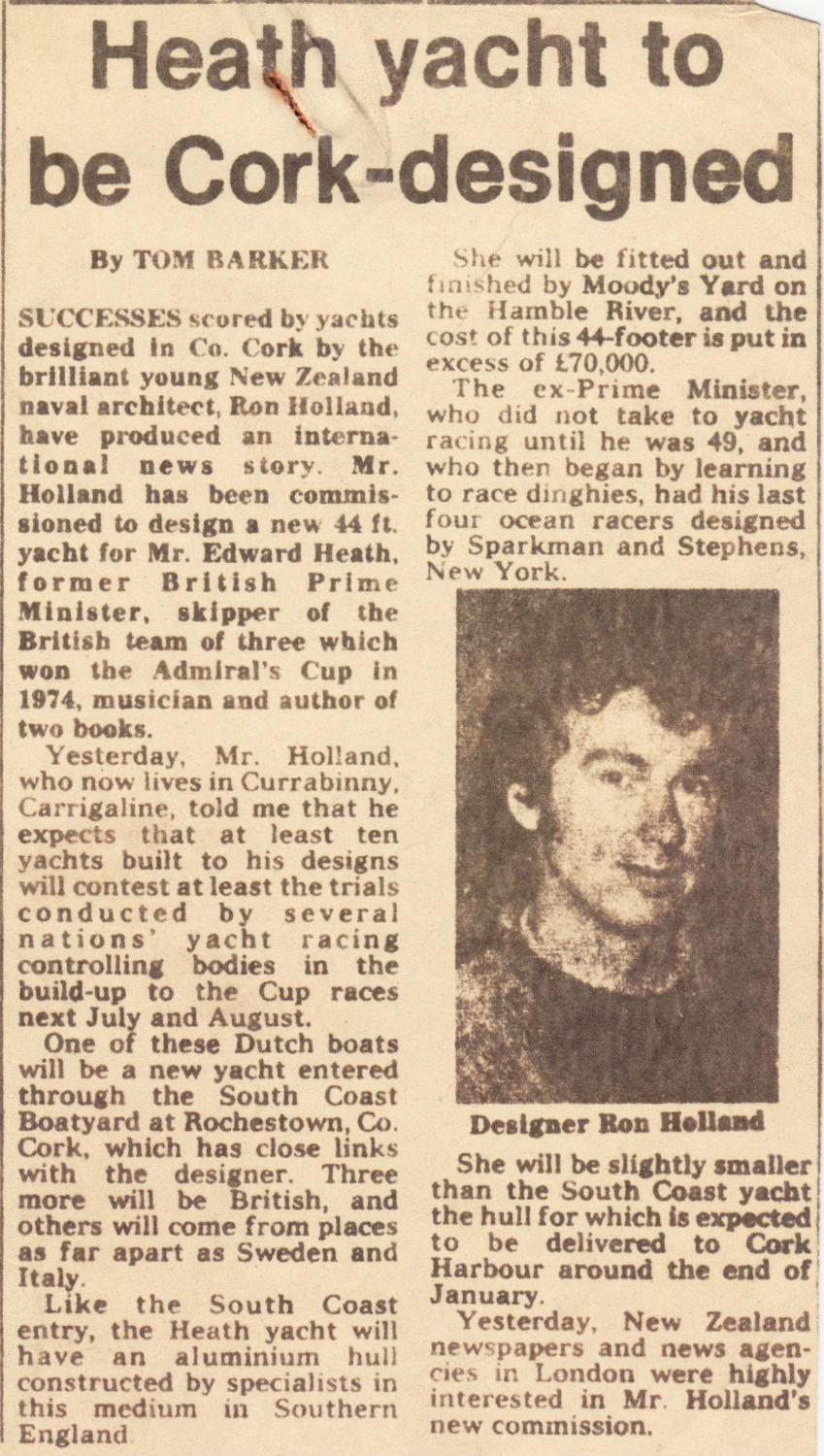 news story about Irish Prime Minister Edward Heath Yacht to be Designed in Cork, Cork Examiner December 30, 1976 features photo of Ron Holland who will design the Yacht