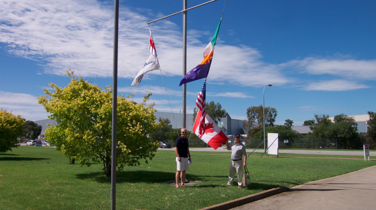 Flag display with Alistair Murray and Ron Holland during visit to Ronstan and the Sandringham Yacht Club, Melbourne