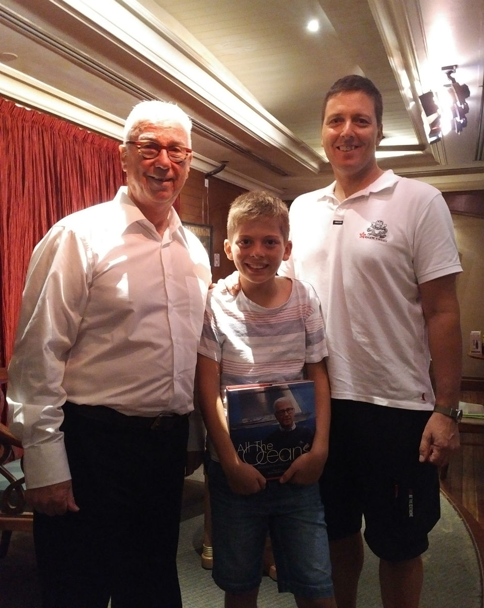 Book Launch at Royal Hong Kong Yact Club, Ron Holland with young sailor Lucas and his dad John Bateman