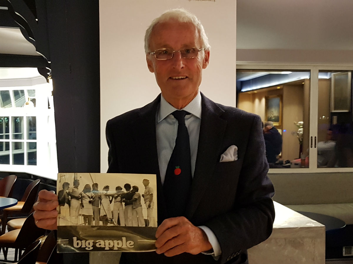 Dick Gibson at Royal Cork Yacht Club with photo of Big Apple in the 1977 Admirals Cup for Ireland