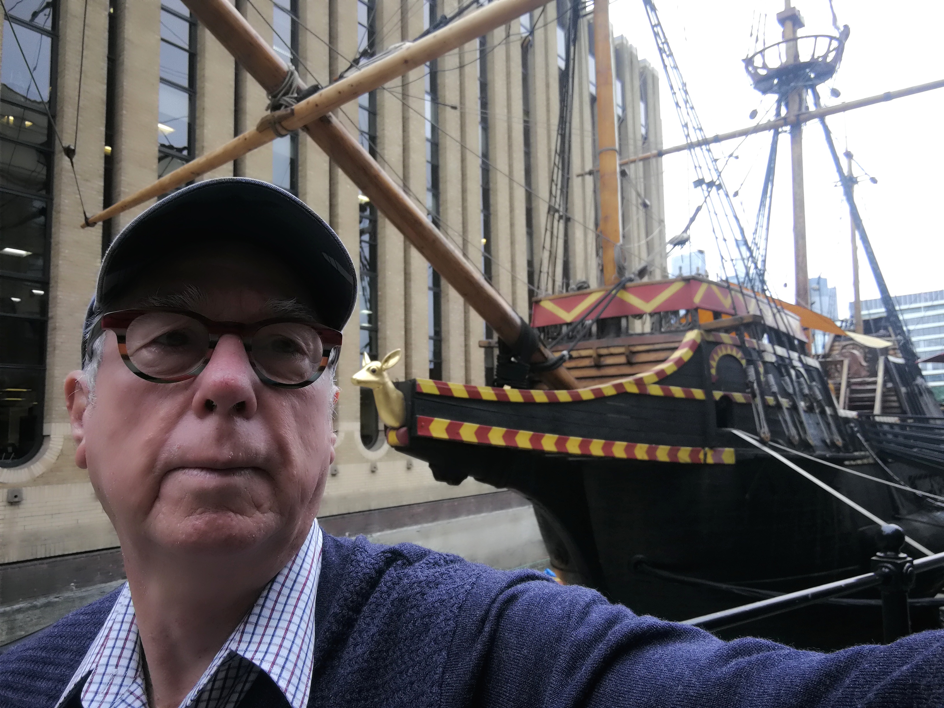 Ron Holland selfie with Golden Hind sailing ship in London UK