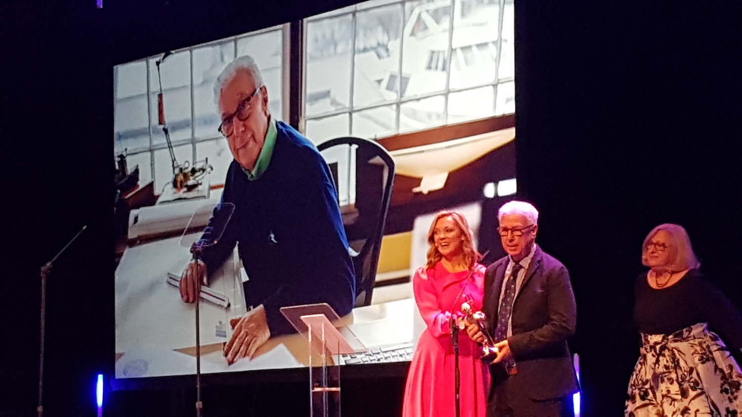 Lifetime Achievement Award recipient Ron Holland, with MC Shirley Robertson, and Marilyn Mower Boat International Design and Innovation Awards