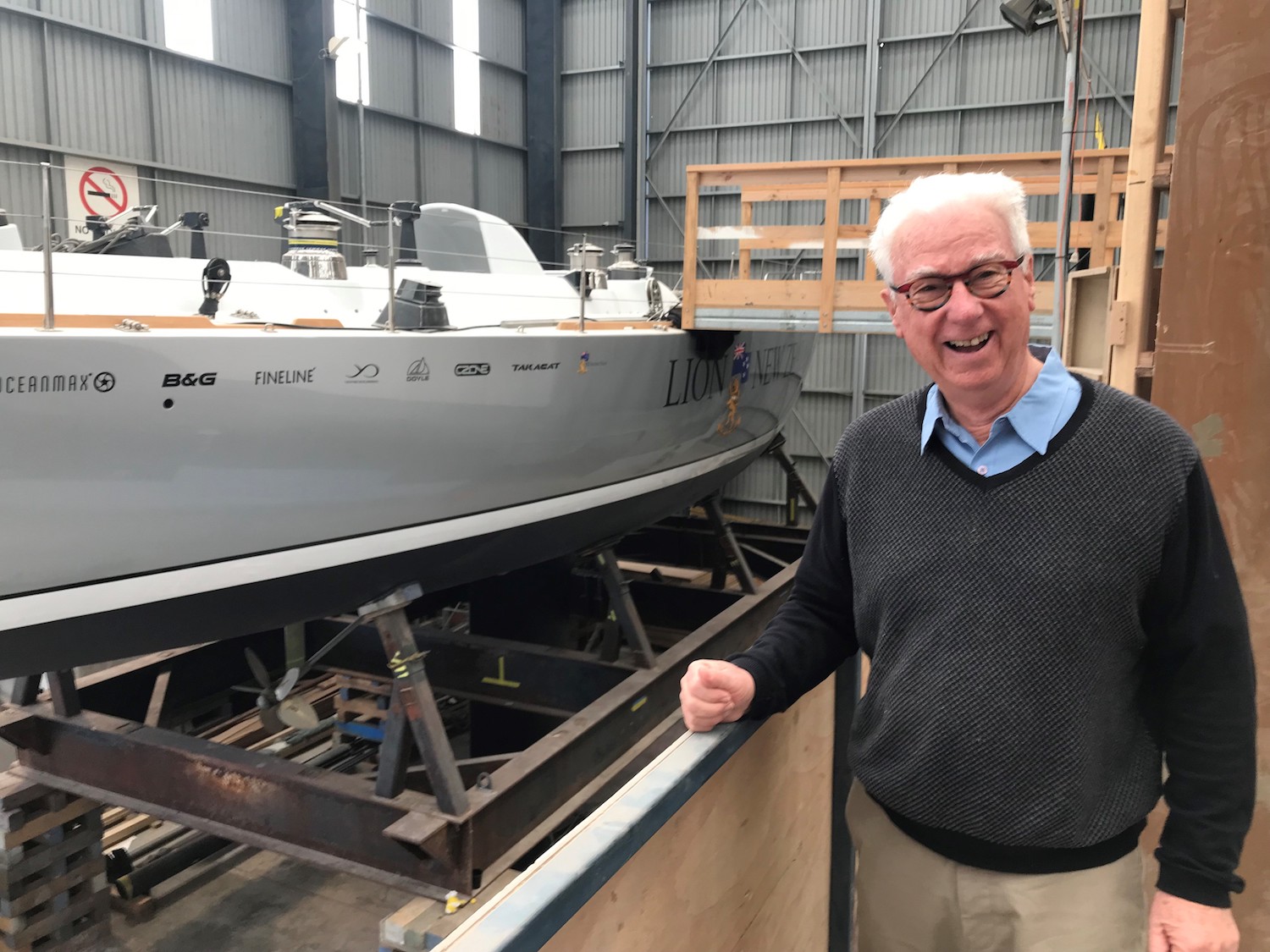 Ron Holland, designer of Lion NZ racing yacht, visits Yacht Developments facility to view refit process, Auckland New Zealand