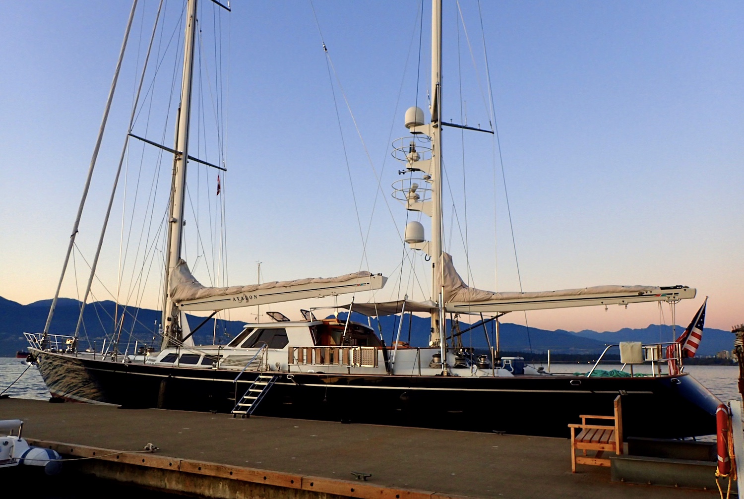 Ron Holland Design, sailing yacht Avalon docked at Royal Vancouver Yacht Club at sunset