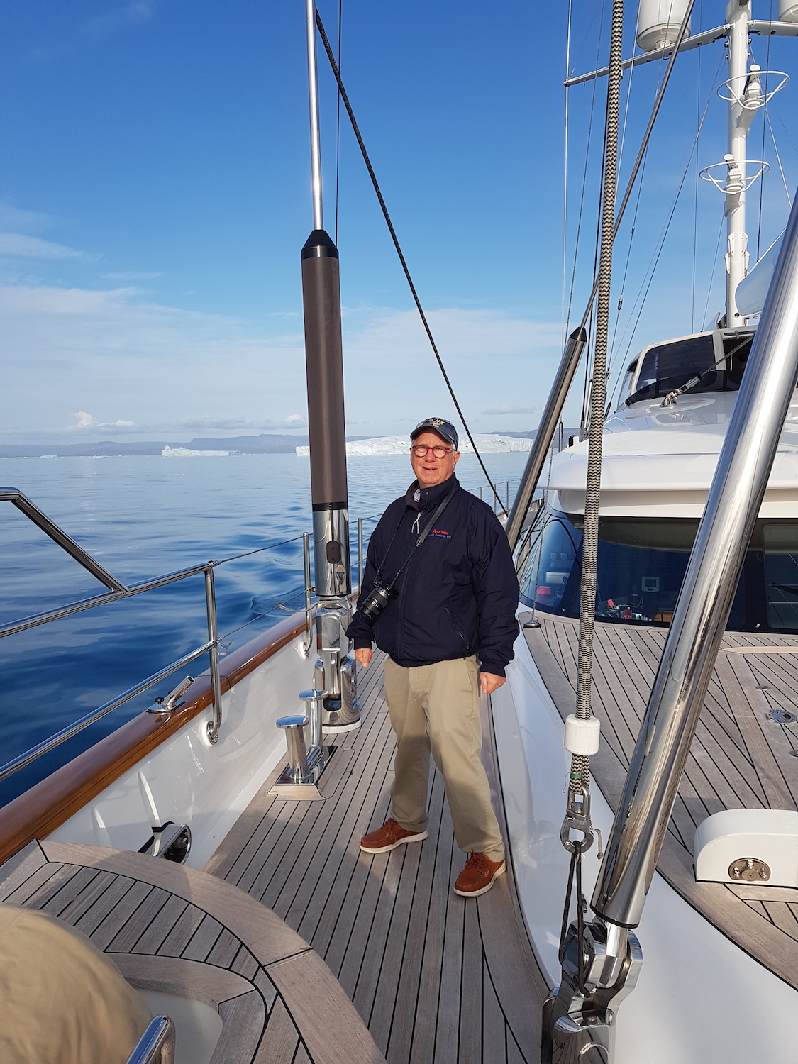 Ron Holland on deck of sailing yacht Rosehearty while cruising the Northwest Passage summer 2019