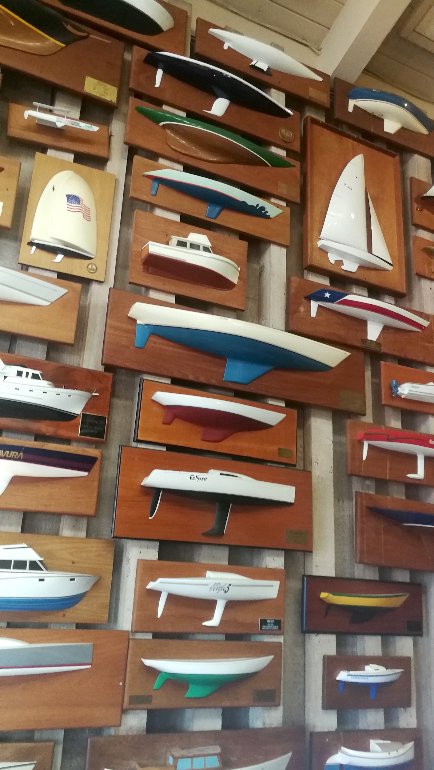 Yacht model wall at Fiddlers Green Restaurant in San Diego