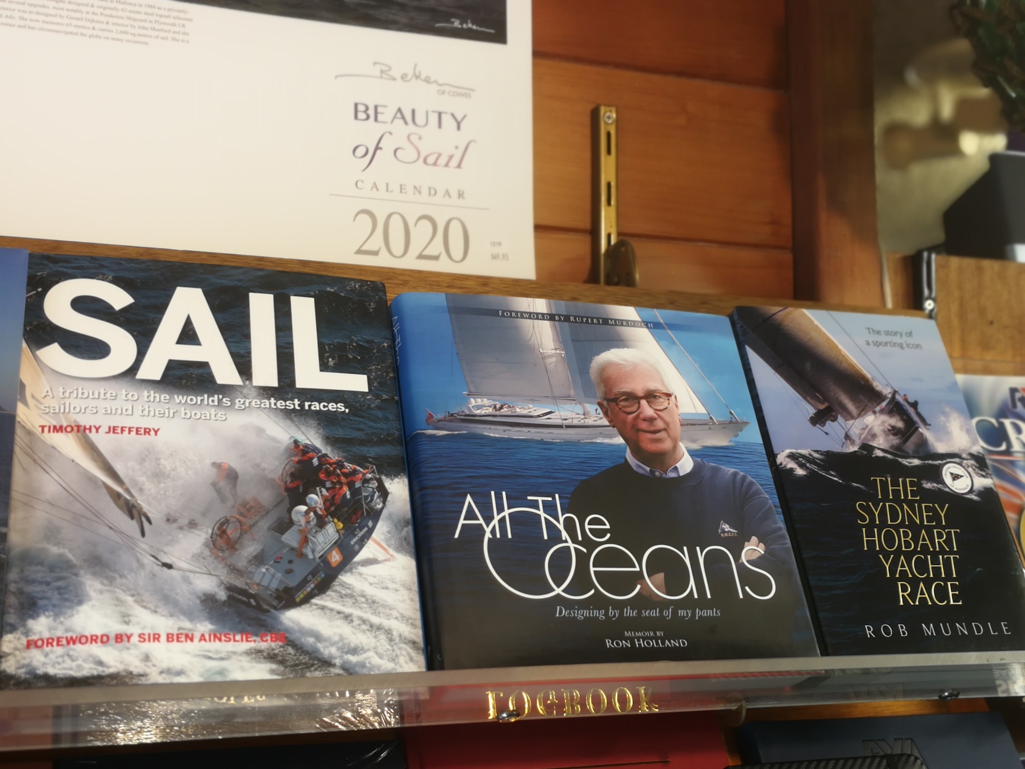 All the Oceans, Ron Holland's memoir displayed next to his author friends books at Sydney Australia Bookshop