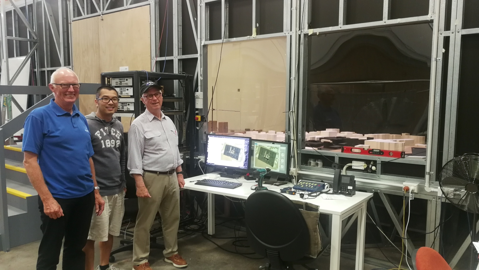 Ron Holland, Professor Richard Flay, and Dr Yin Fai Li viewing latest wind testing program at University of Auckland