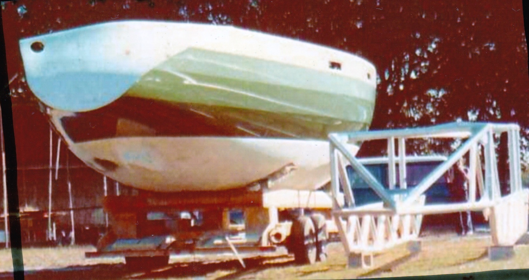 Hull for "imp" on trailer Plant City FL, USA, the boat also know as the Green Striped Machine due to its race success