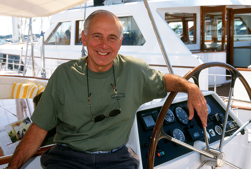 Joe Vittoria at the helm of sailing yacht Mirabella V during Nantucket Bucket 1998, photo Guy Gurney