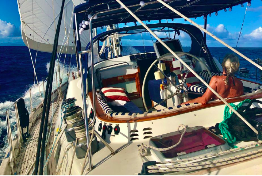 View from the helm of Ron Holland Design sailing Yacht High Spirits